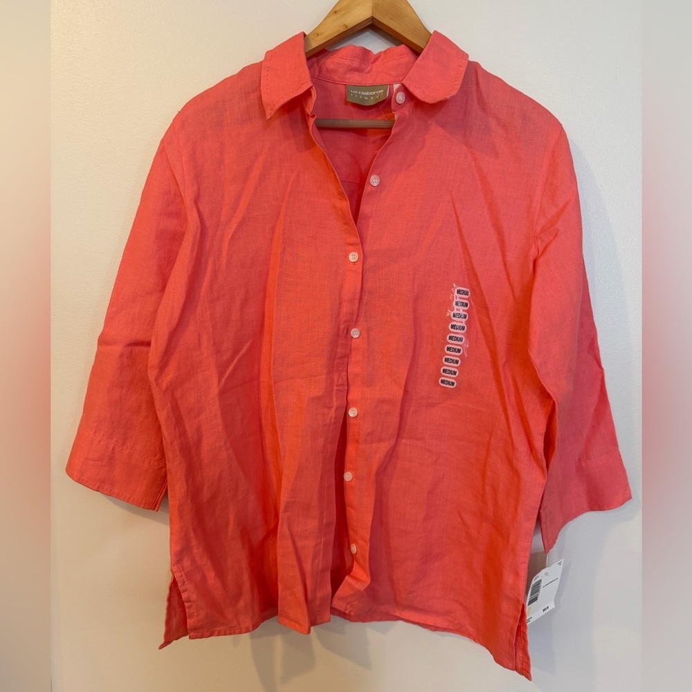 NWT Liz Claiborne 100% linen Blouse Coral Women's Size Medium